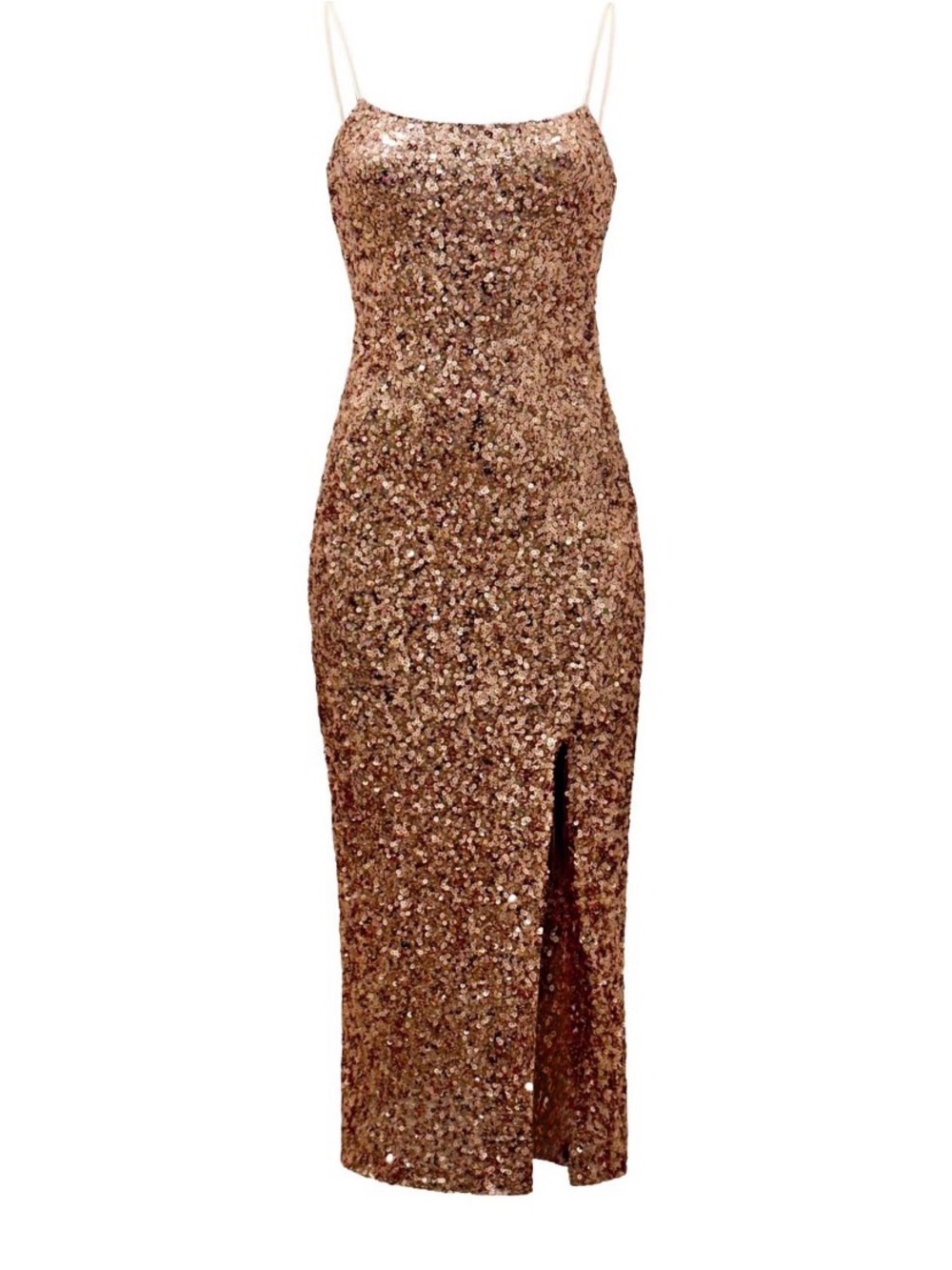 LuxeDress Sequin Spaghetti Strap Long Midi Dress in Rose Gold with Slit Size M